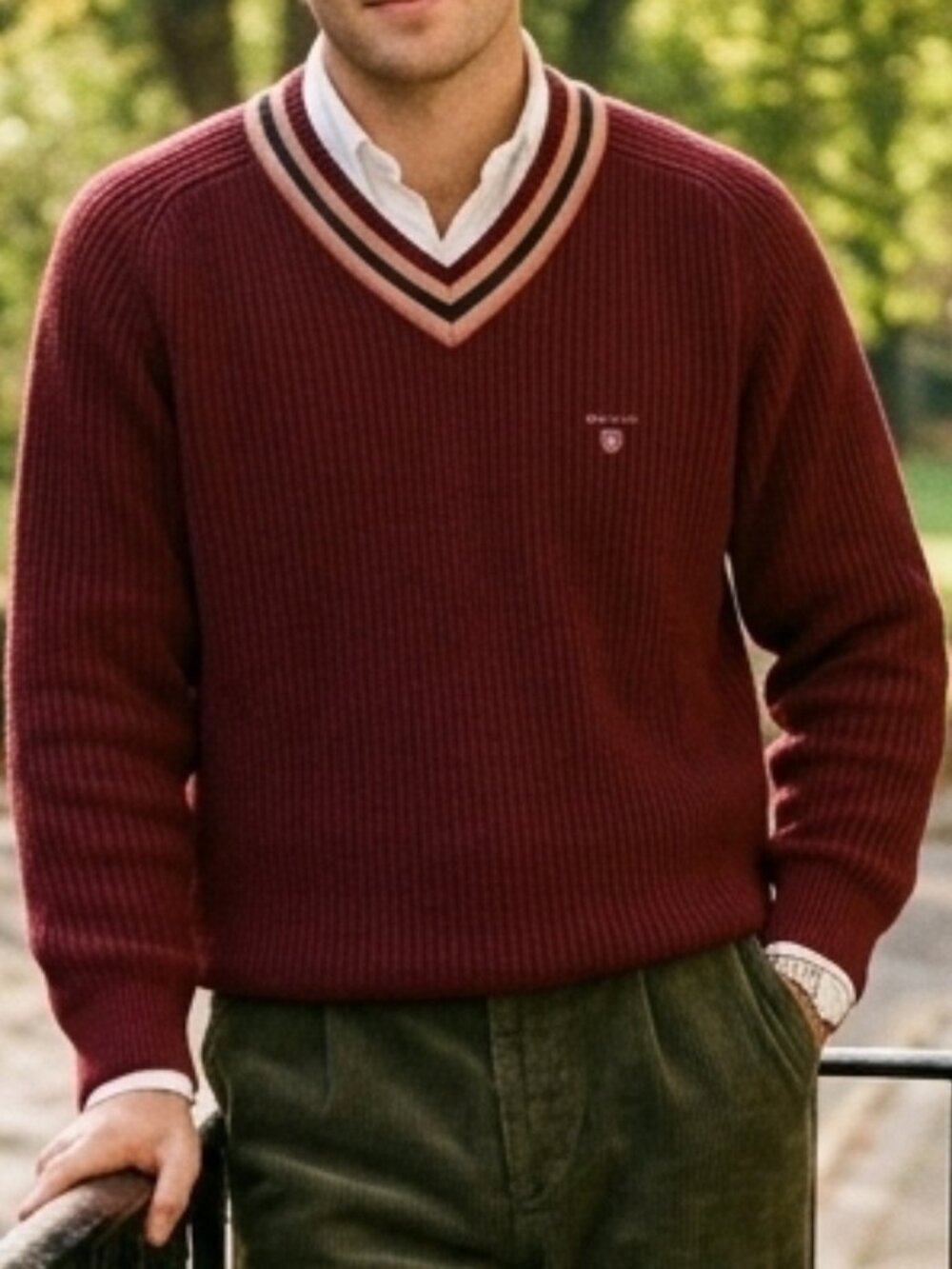Vintage GANT Burgundy Ribbed Knit V-Neck Cricket Sweater Size XL